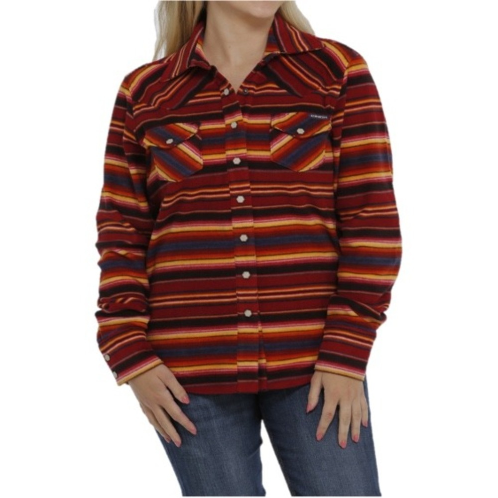CINCH Women's Burgundy Southwest‎ Stripe Fleece Long Sleeve Snap Front Shirt XL